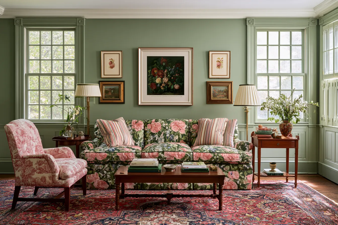 grandmillennial living room ideas pattern mixing large floral sofa cushions armchair