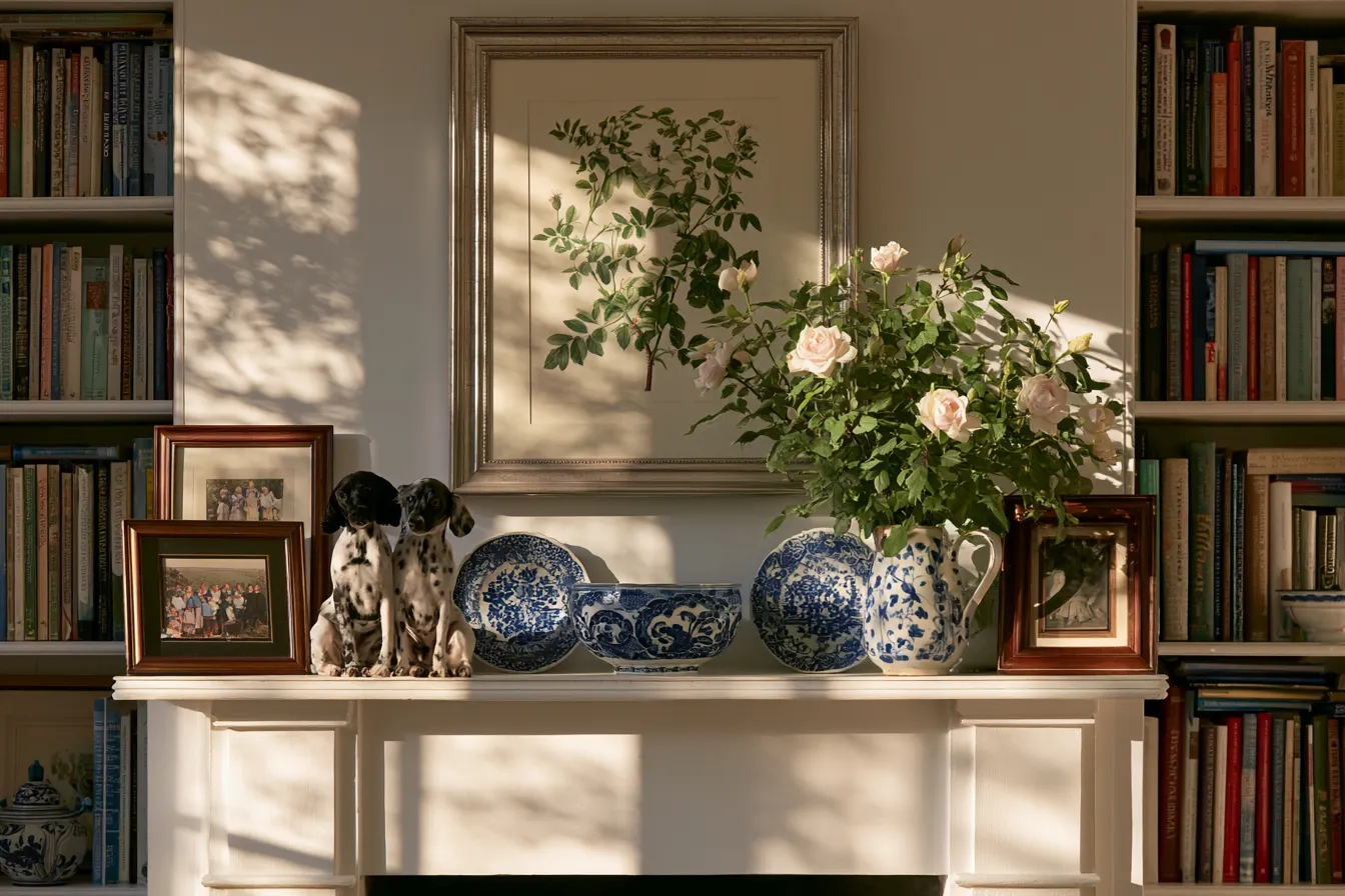 grandmillennial living room decor mantelpiece china dogs botanical print family photos roses