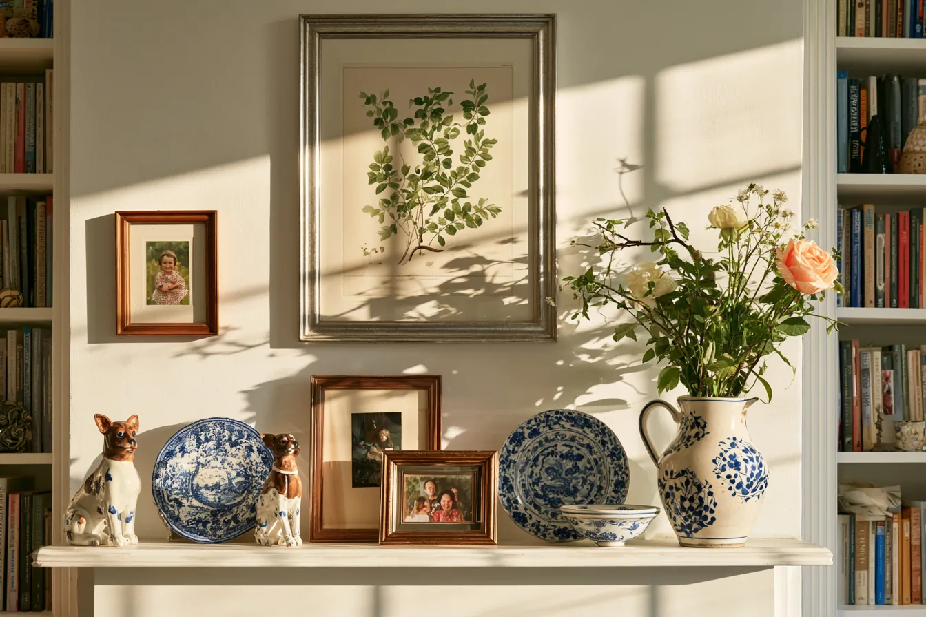 grandmillennial style living room objects china collection books fresh flowers editorial