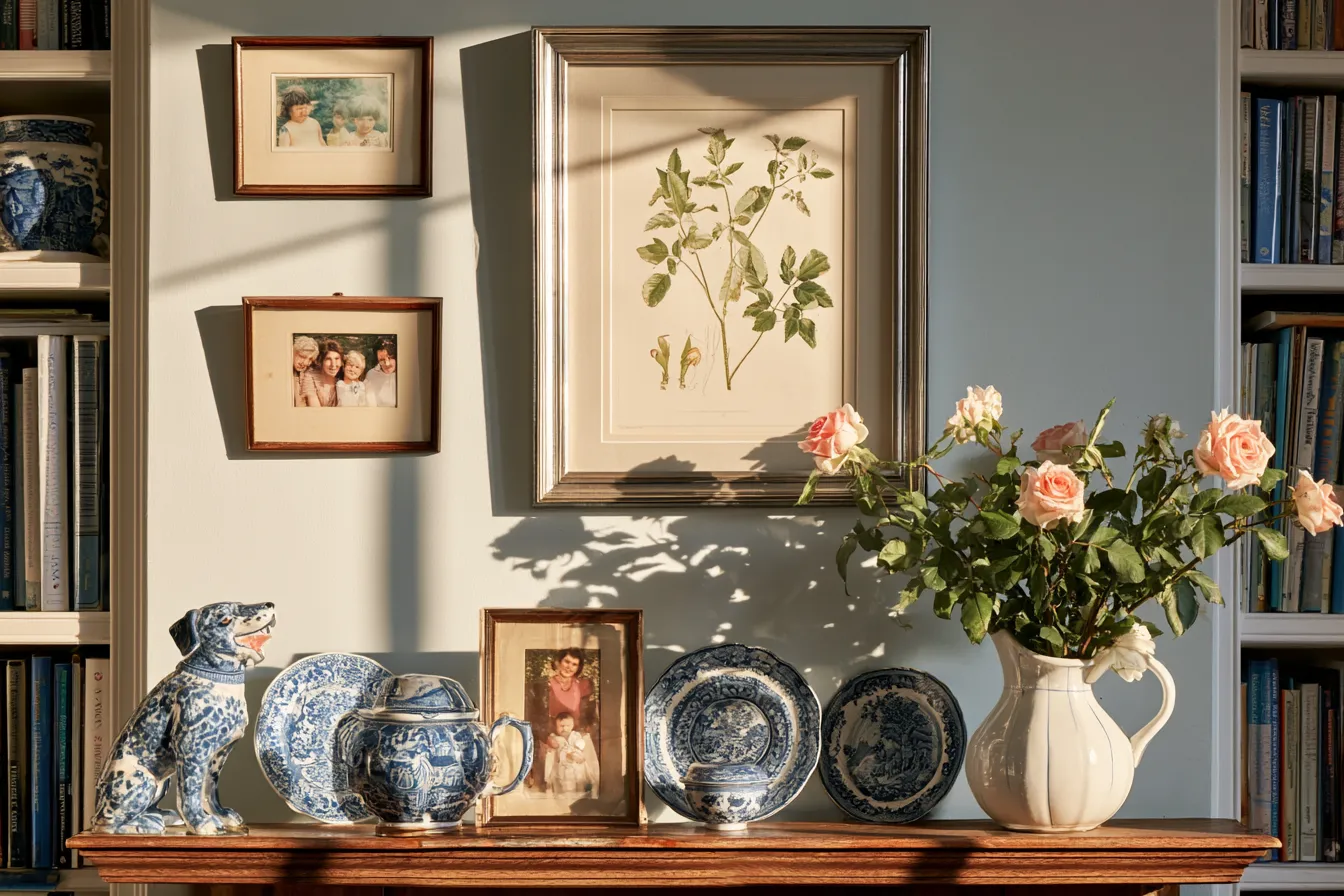 grandmillennial living room decorating ideas mantelpiece china silver frames roses warm light
