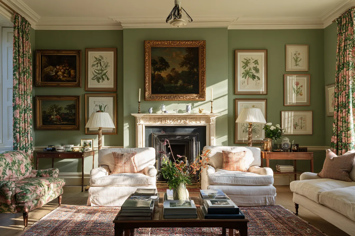 grandmillennial style living room sage walls botanical prints chintz curtains editorial