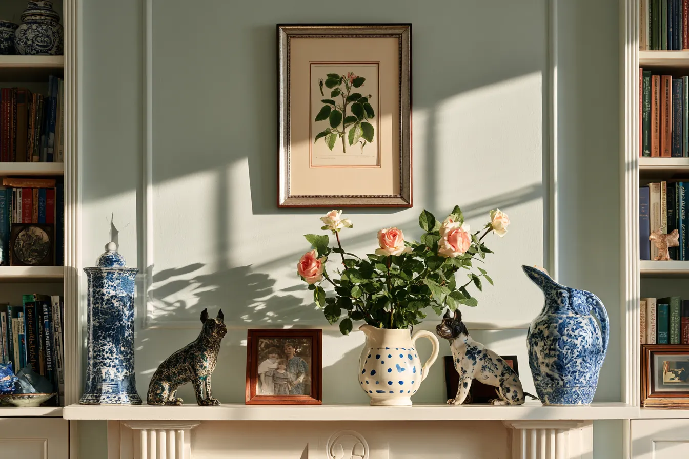 grandmillennial decor living room bookshelf china blue white pottery botanical prints