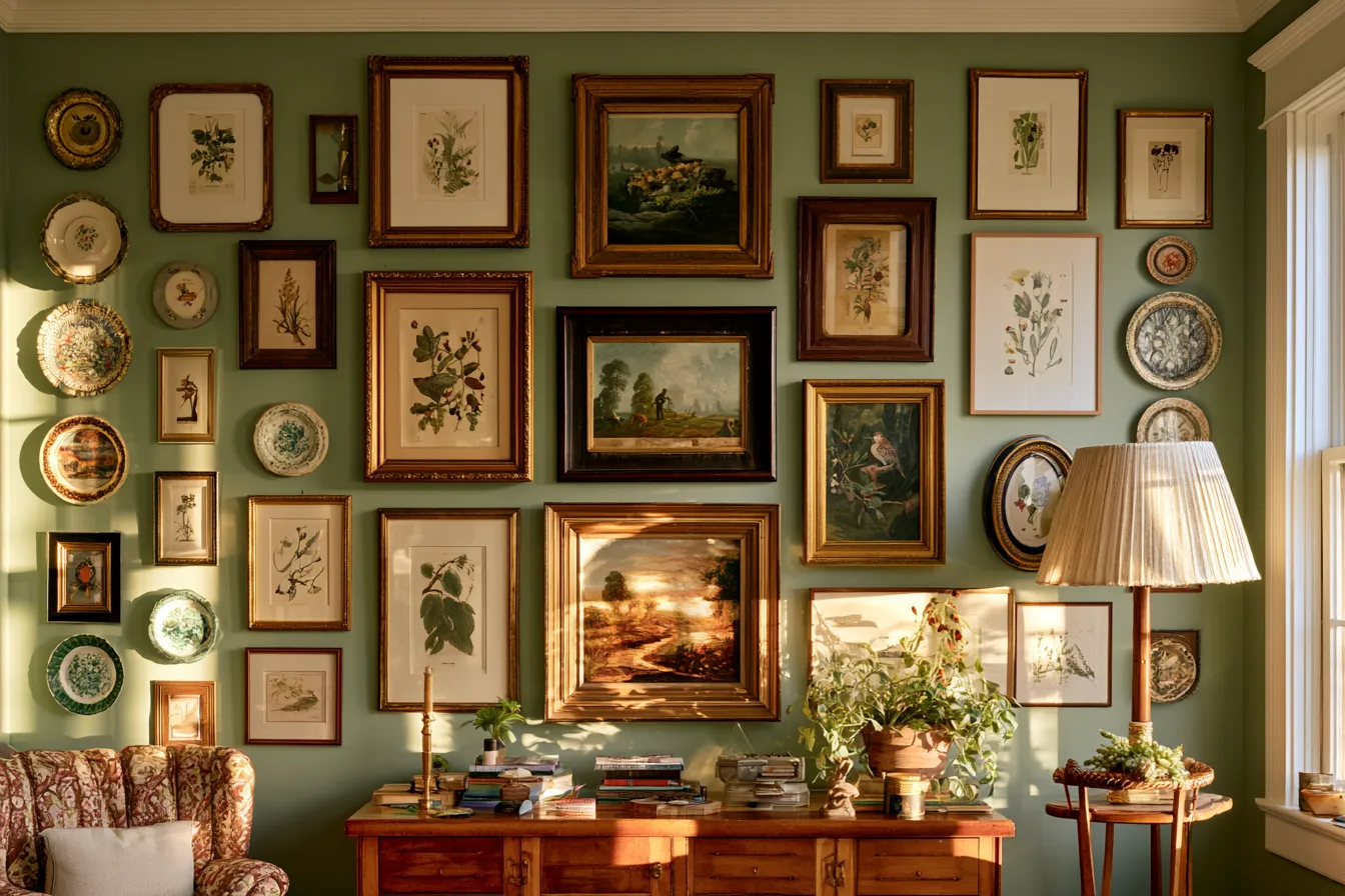 grandmillennial style living room art wall botanical prints gilt dark wood frames editorial