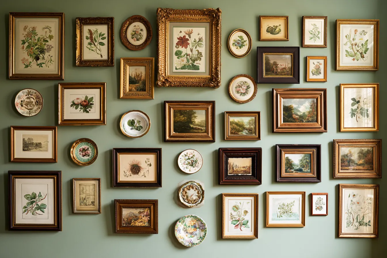 grandmillennial living room decorating gallery wall densely hung mixed frames warm light