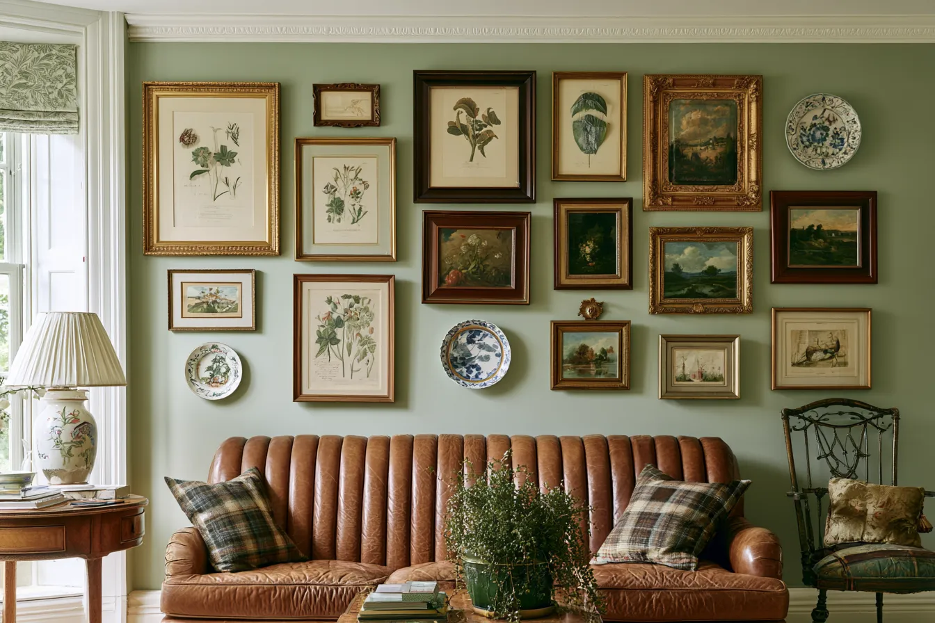 grandmillennial living room gallery wall gilt frames botanical prints oil paintings sage green