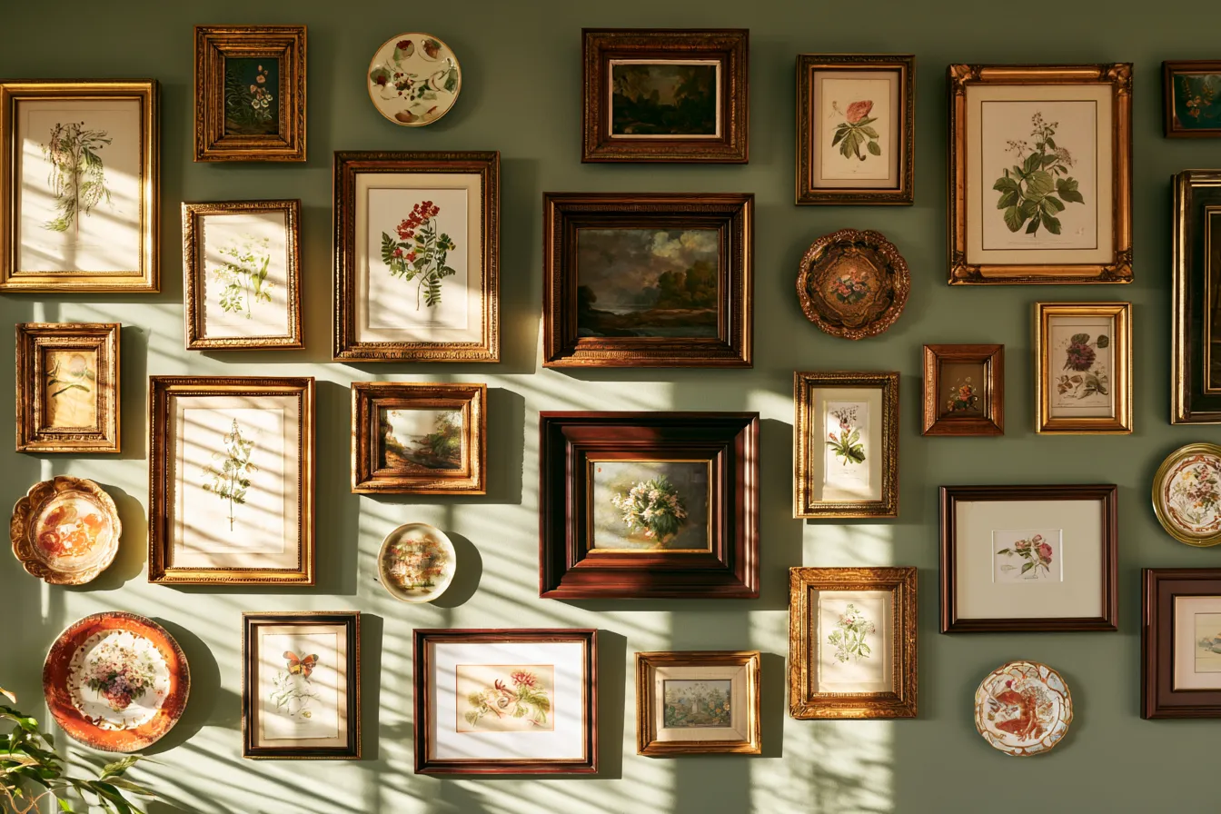 grandmillennial decor living room gallery wall mixed frames decorative plates watercolours