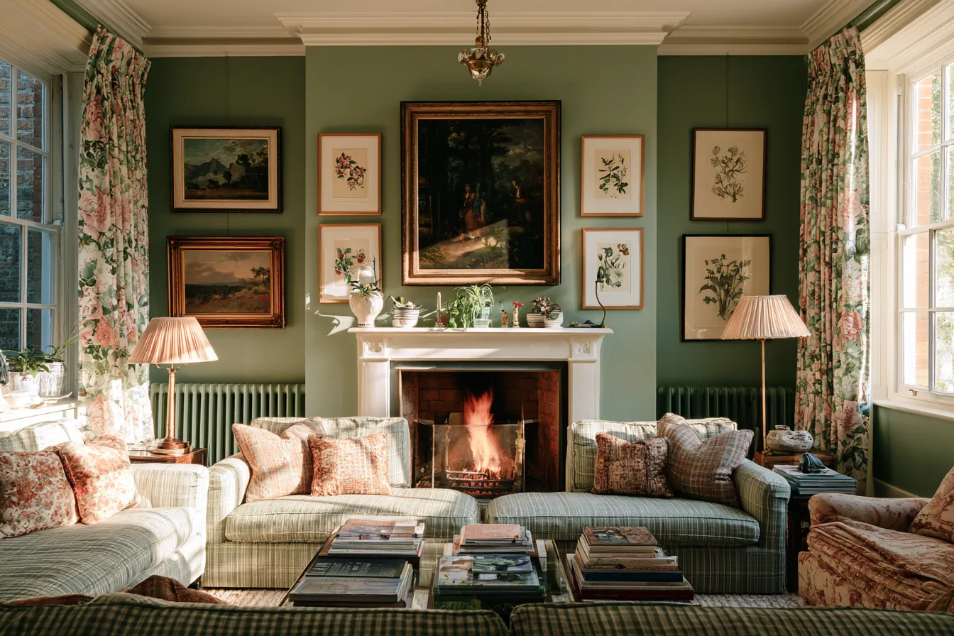 grandmillennial living room wall colour sage green framed art antique fireplace
