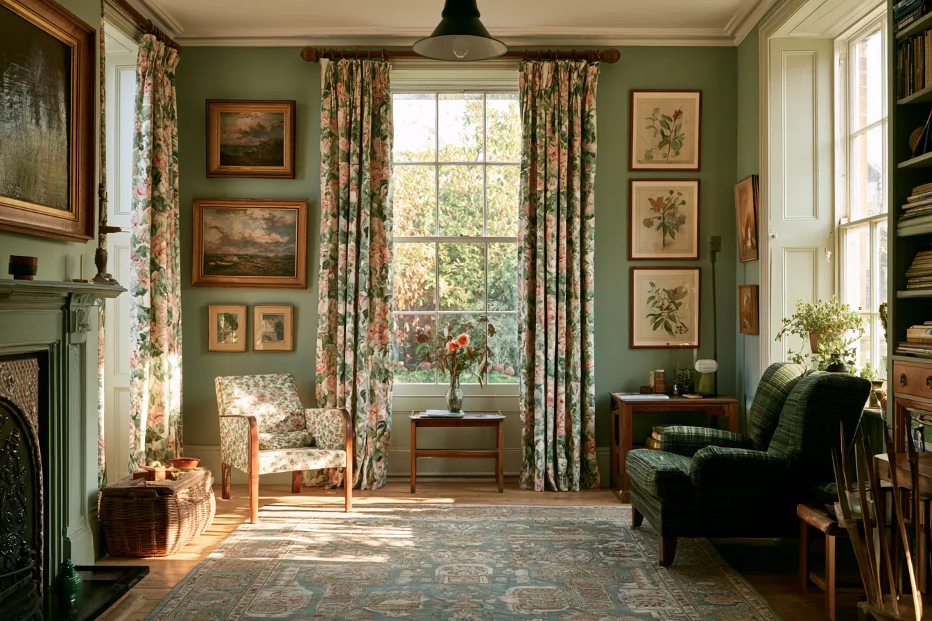 grandmillennial decor living room green walls floral curtains warm afternoon light