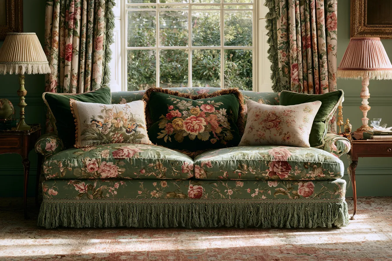 grandmillennial living room textiles needlepoint cushions fringed curtains Persian rug editorial
