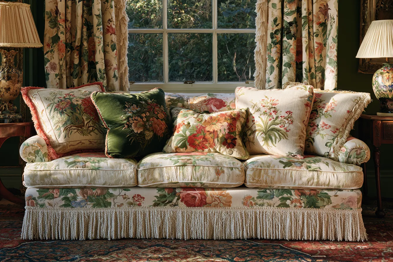 grandmillennial decor living room cushion styling needlepoint velvet floral linen