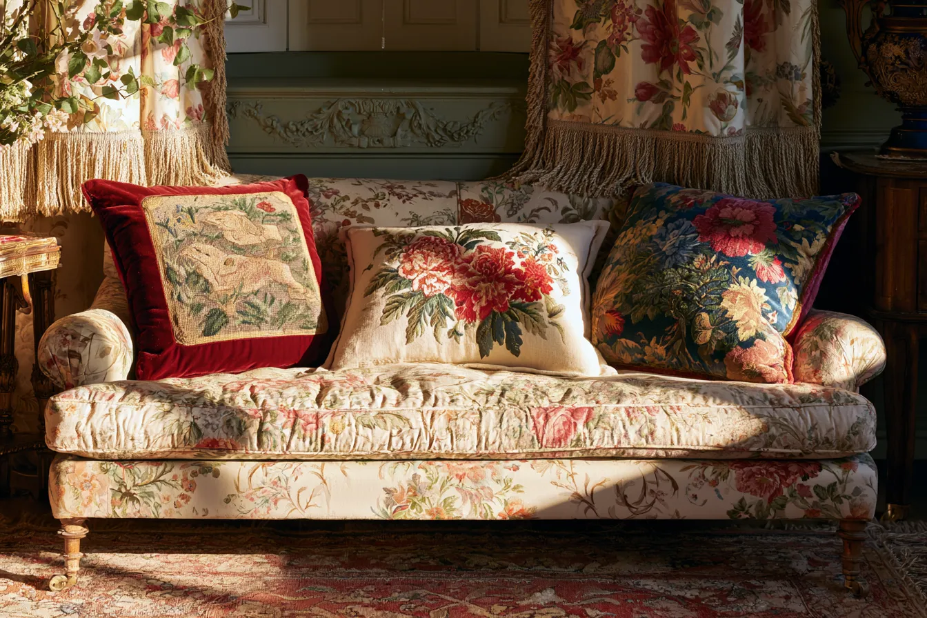 grandmillennial style living room soft furnishings fringed curtains chintz sofa rug