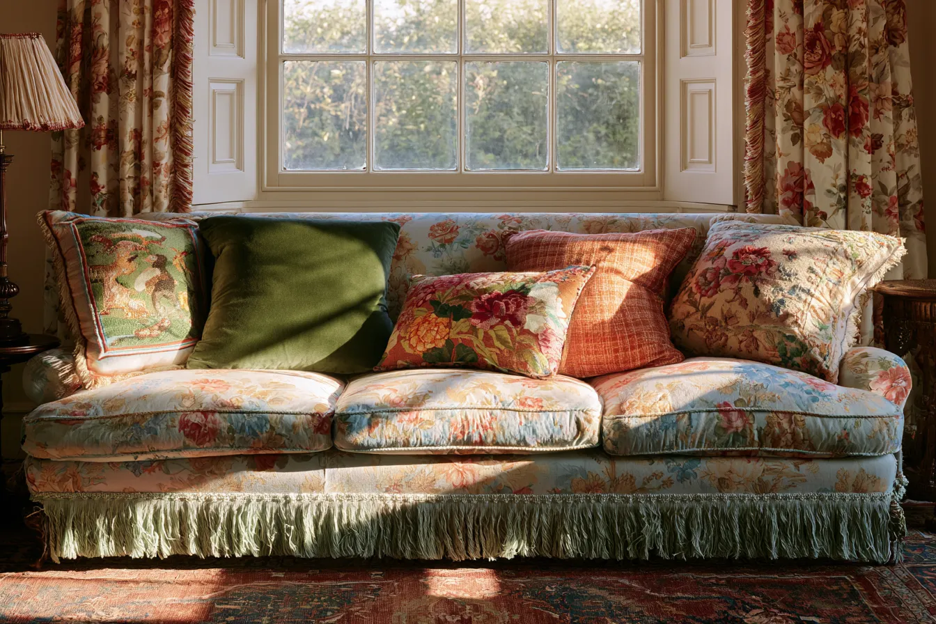 grandmillennial living room decor textile layering needlepoint velvet faded Persian rug