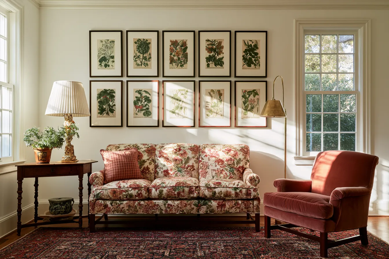 grandmillennial living room decor chintz sofa botanical prints Persian rug velvet chair