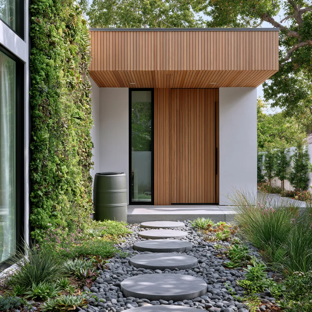 Green home color palette paired with eco-friendly landscaping