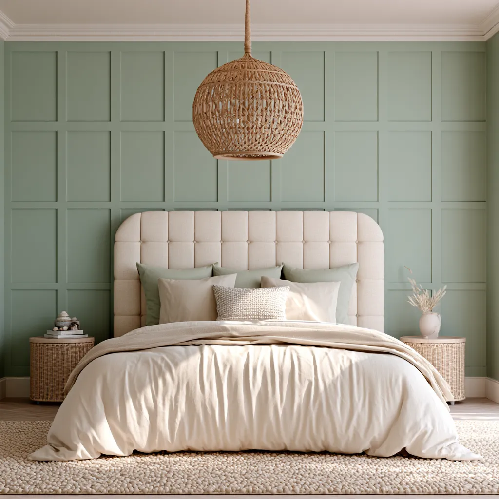 Mint green home color bedroom with cream linens and rattan light