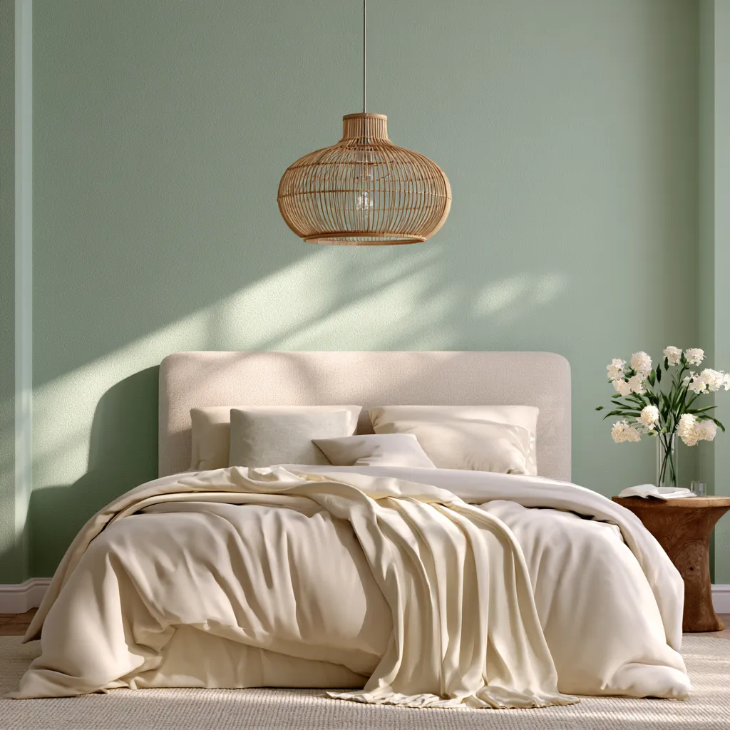Green home color scheme in a calm bedroom interior