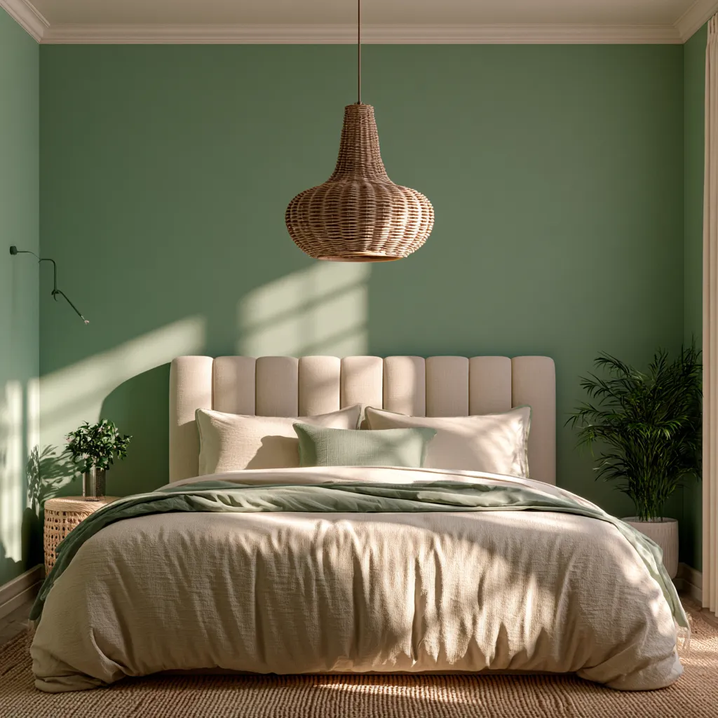 Sage green home colour palette used on a bedroom headboard wall