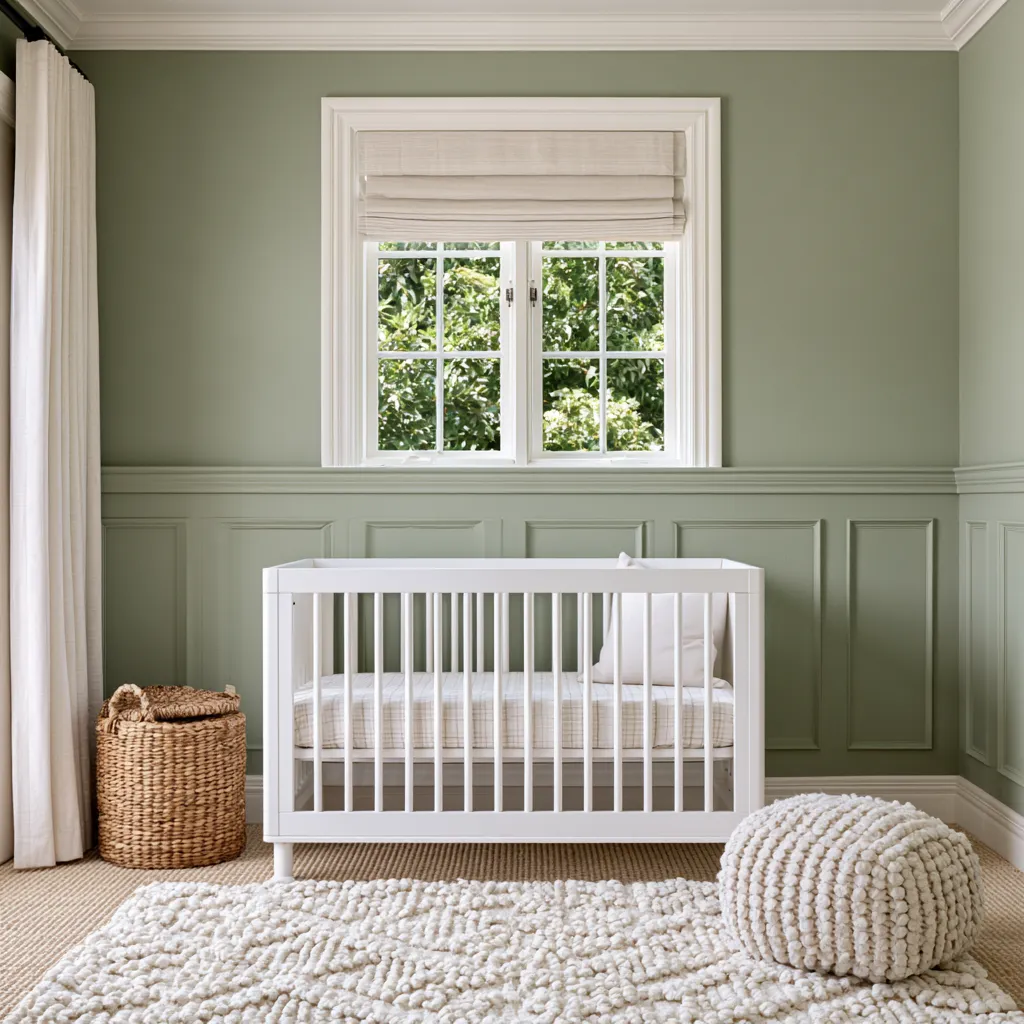 Sage green home color nursery with white crib and natural light