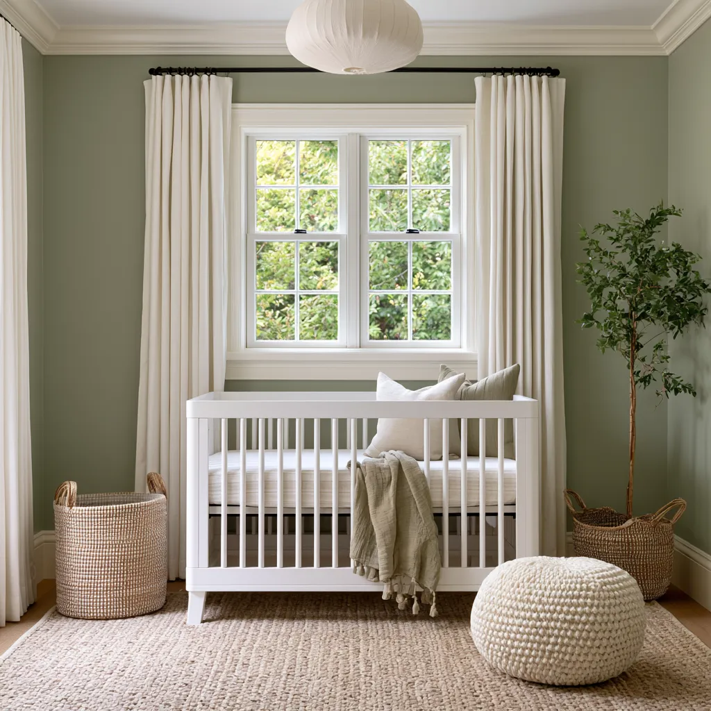 Green home colour scheme in a calm baby room interior