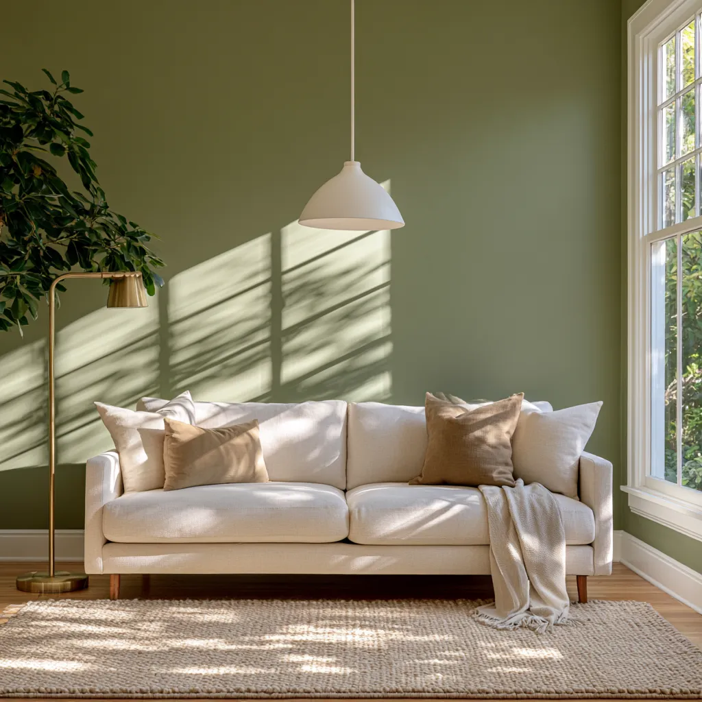 Sage green home color living room with linen sofa and brass lamp