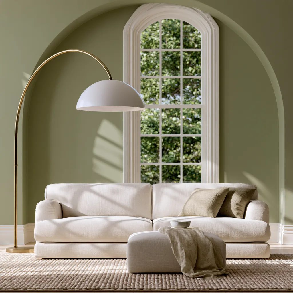 Green home colour scheme in a sunlit living room interior