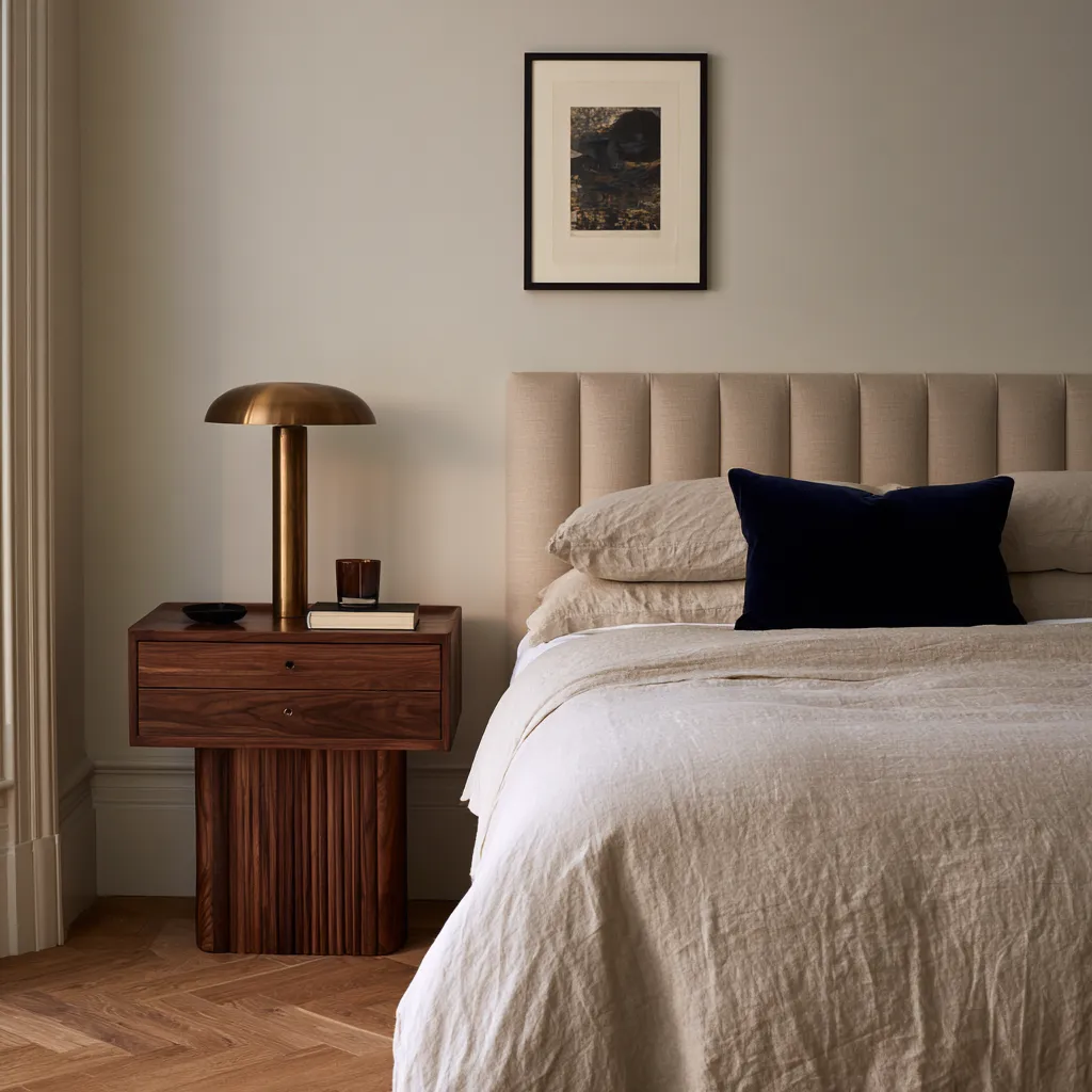 greige bedroom walls colour pairing navy velvet cushion oat linen walnut brass editorial