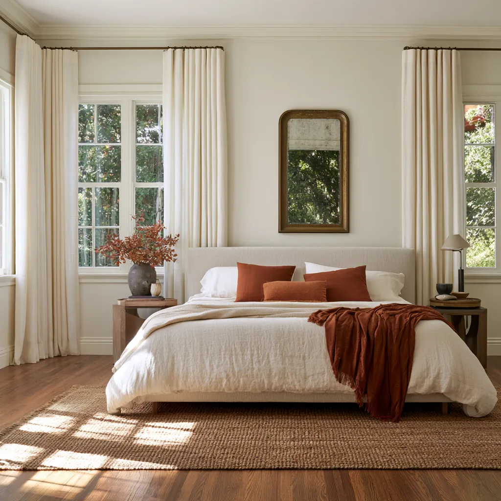 what colour goes with greige bedroom walls terracotta accent jute rug cream curtains