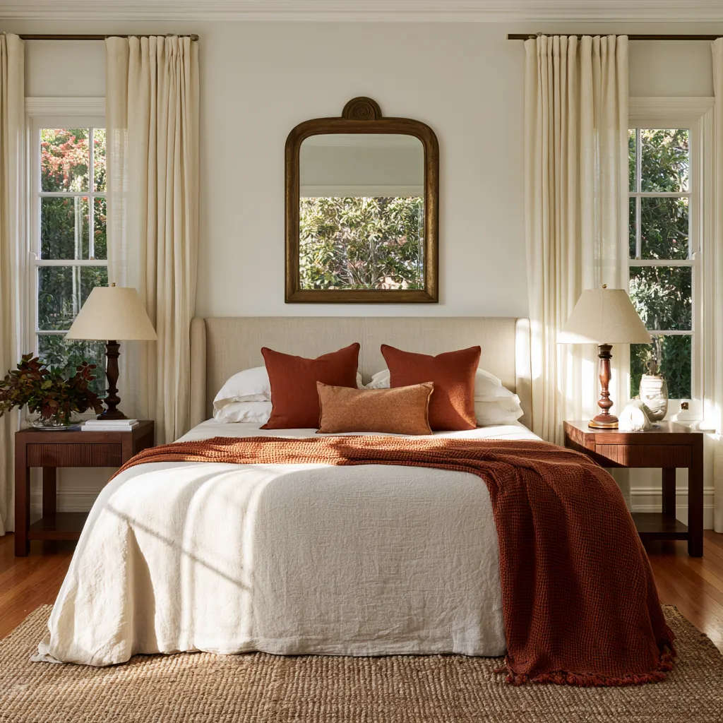 greige bedroom styling terracotta cushions warm cream curtains oak floor brass mirror