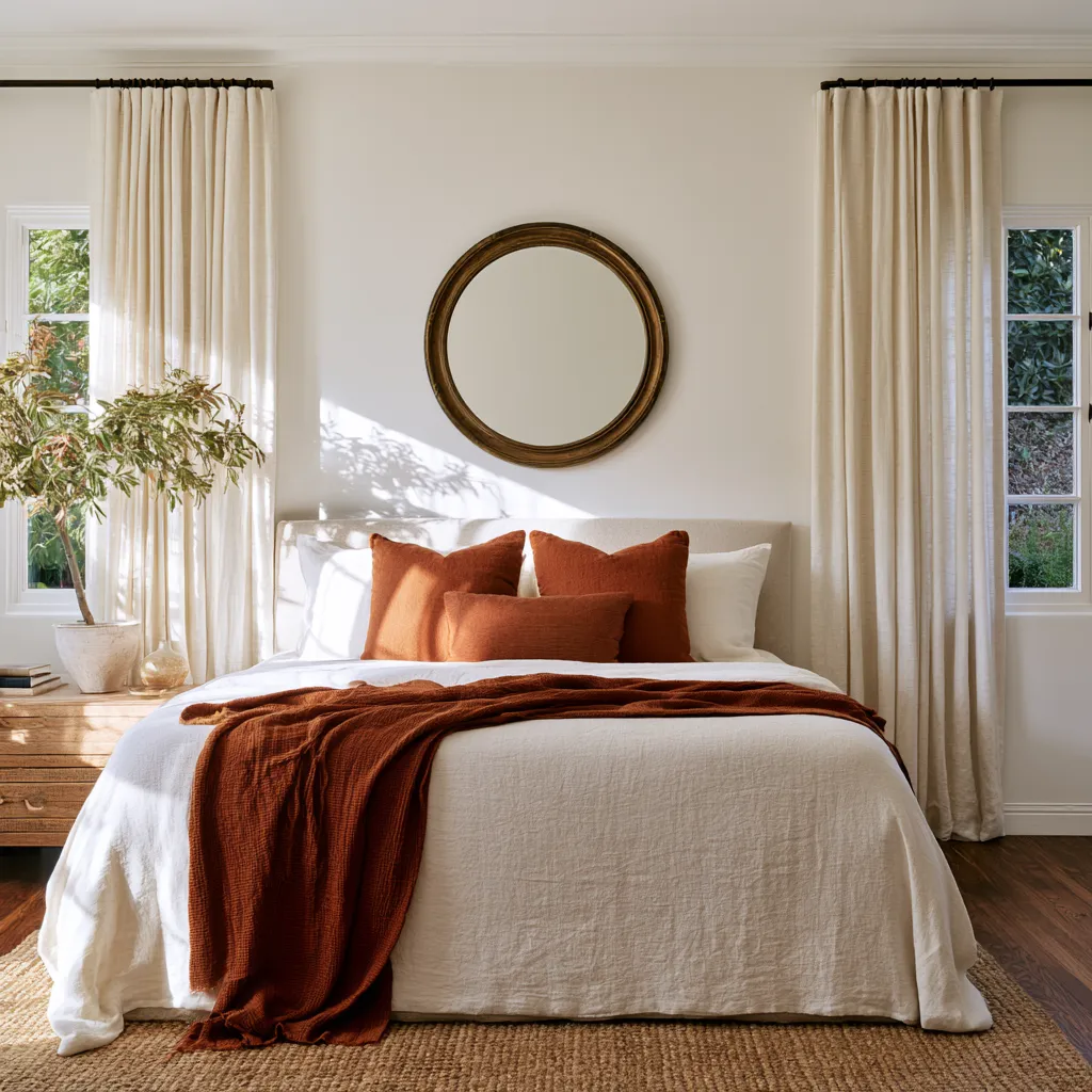 greige bedroom walls terracotta cushions cream linen curtains jute rug honey oak floor