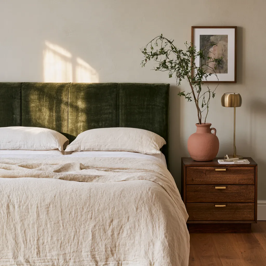 greige bedroom walls what colour goes sage green velvet headboard cream linen brass