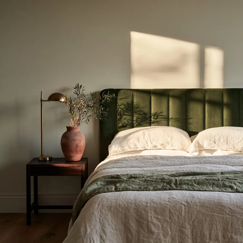 greige walls bedroom with sage green headboard terracotta vase warm oak floor