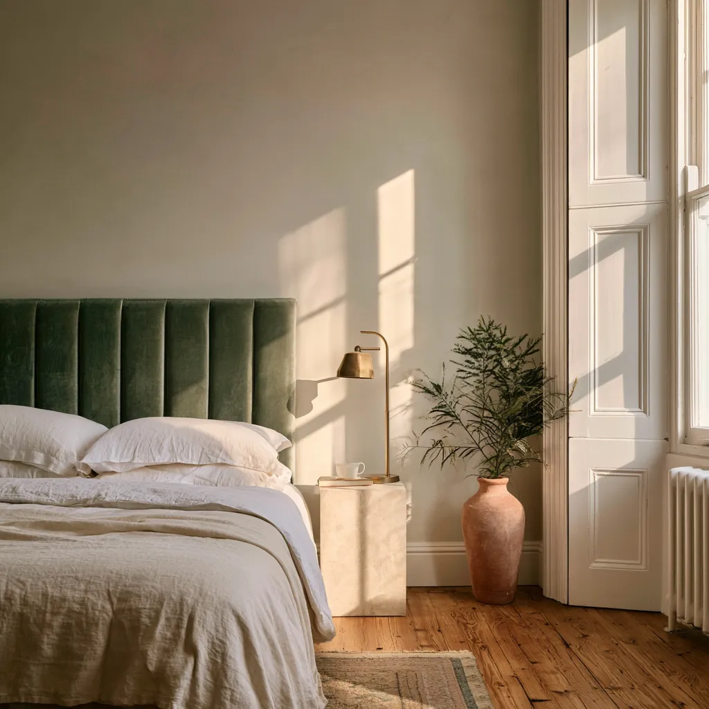 colour that goes with greige bedroom walls sage green velvet cream linen editorial