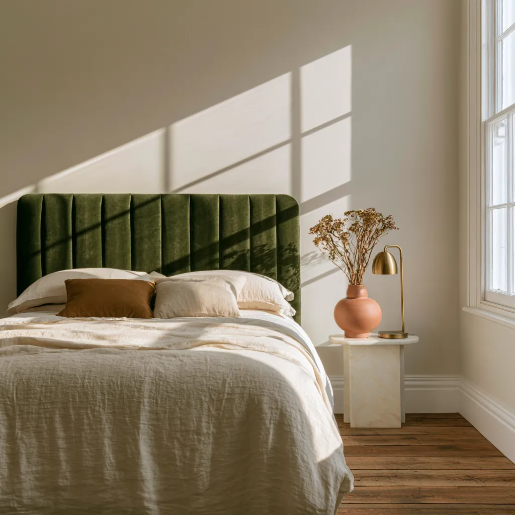 greige bedroom colour scheme sage green terracotta cream oak warm light