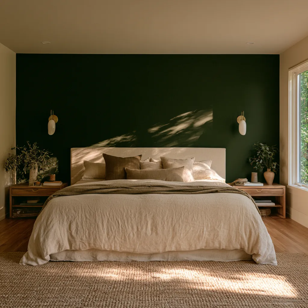 greige bedroom walls with deep green accent wall behind bed cream linen oak editorial