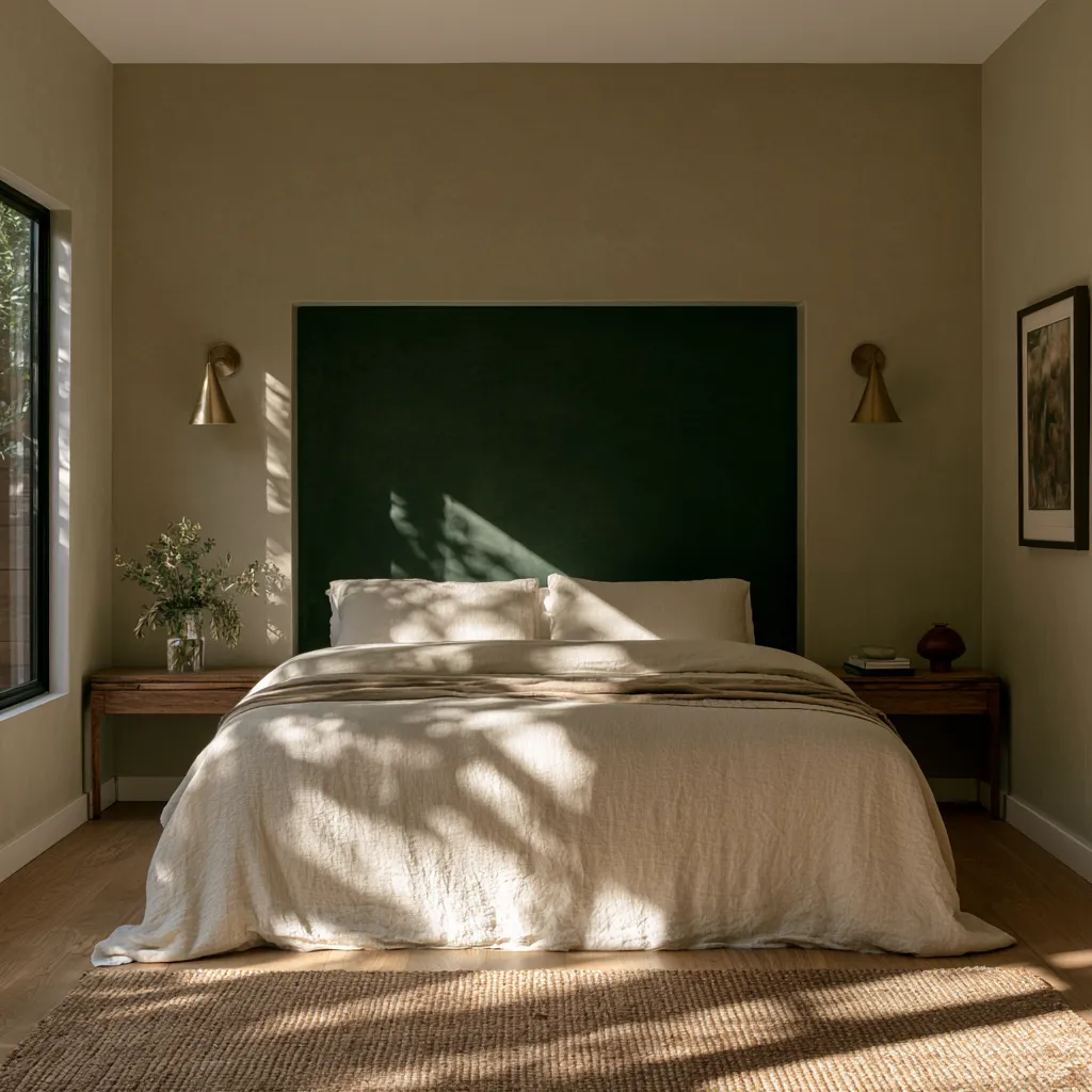 greige bedroom colour scheme deep forest green accent wall brass sconces linen