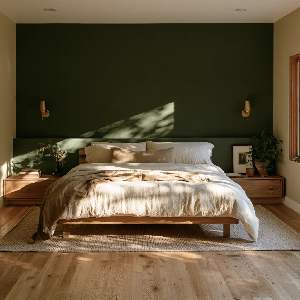 what colour accent wall goes with greige bedroom deep green behind bed oak floor
