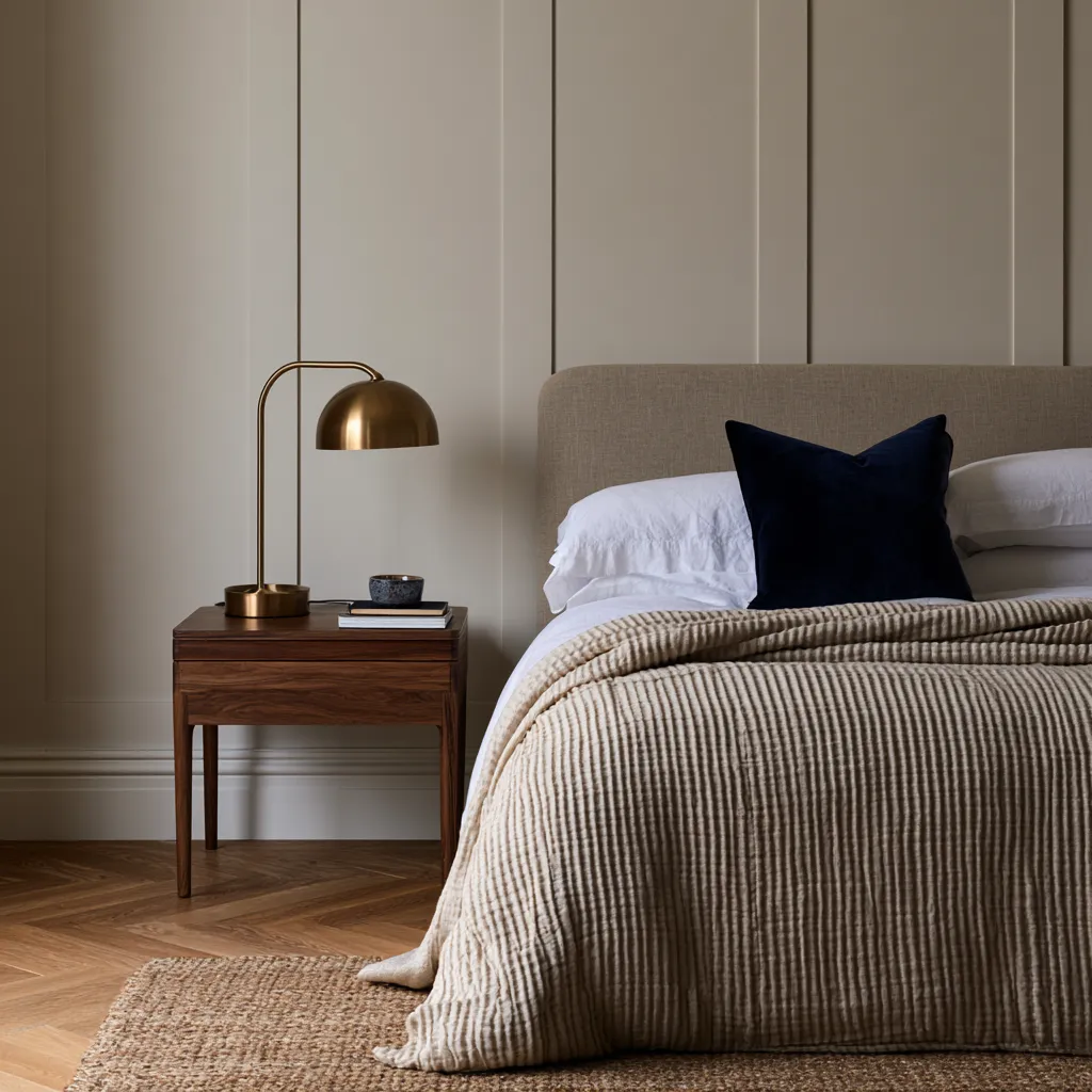 greige bedroom what colour goes with walls navy accent oat linen oak floor