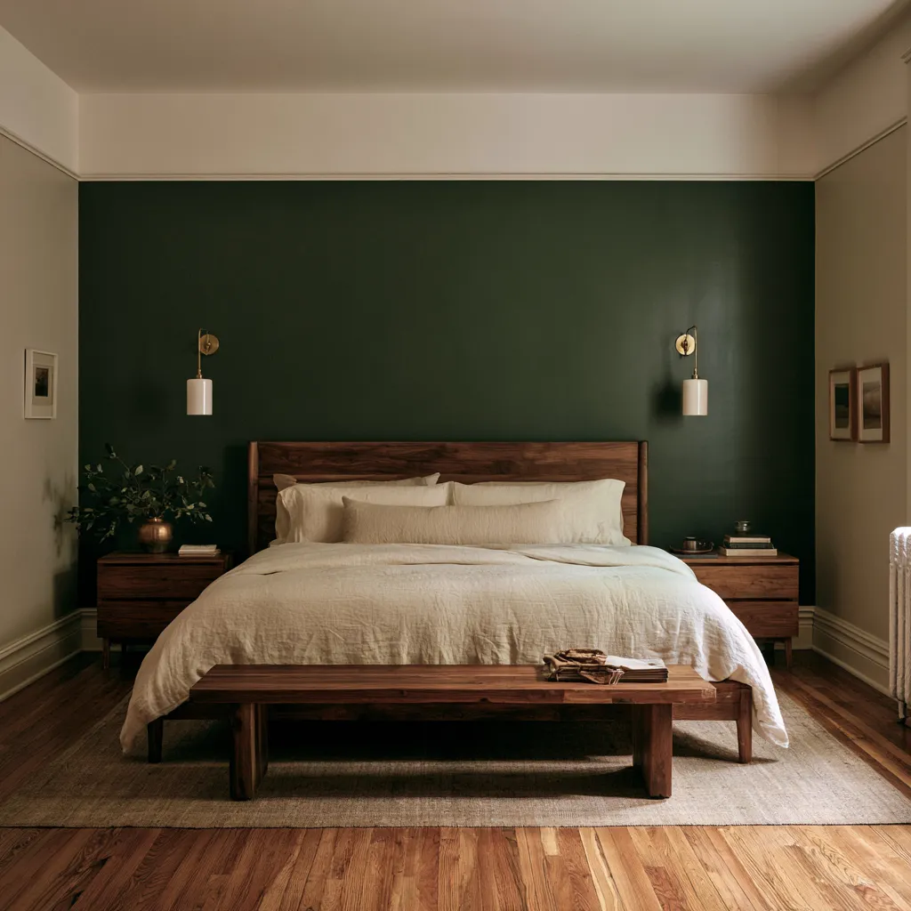 greige bedroom ideas green feature wall cream bedding brass lights warm neutrals