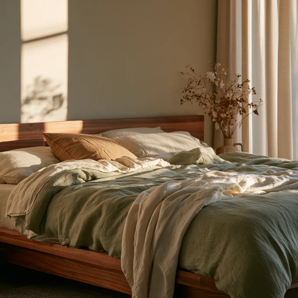 greige wall bedroom bedding colour ideas sage green duvet oat linen walnut