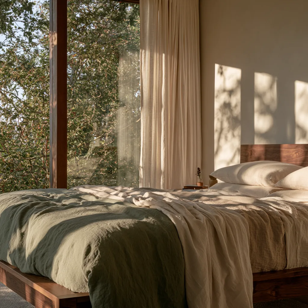 greige bedroom walls with sage green linen duvet cream bedding walnut bed warm light