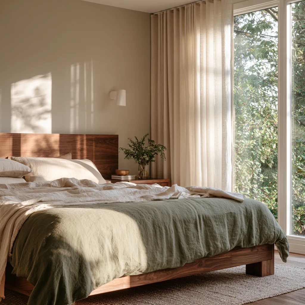 greige bedroom colour scheme sage duvet cream linen walnut afternoon light editorial