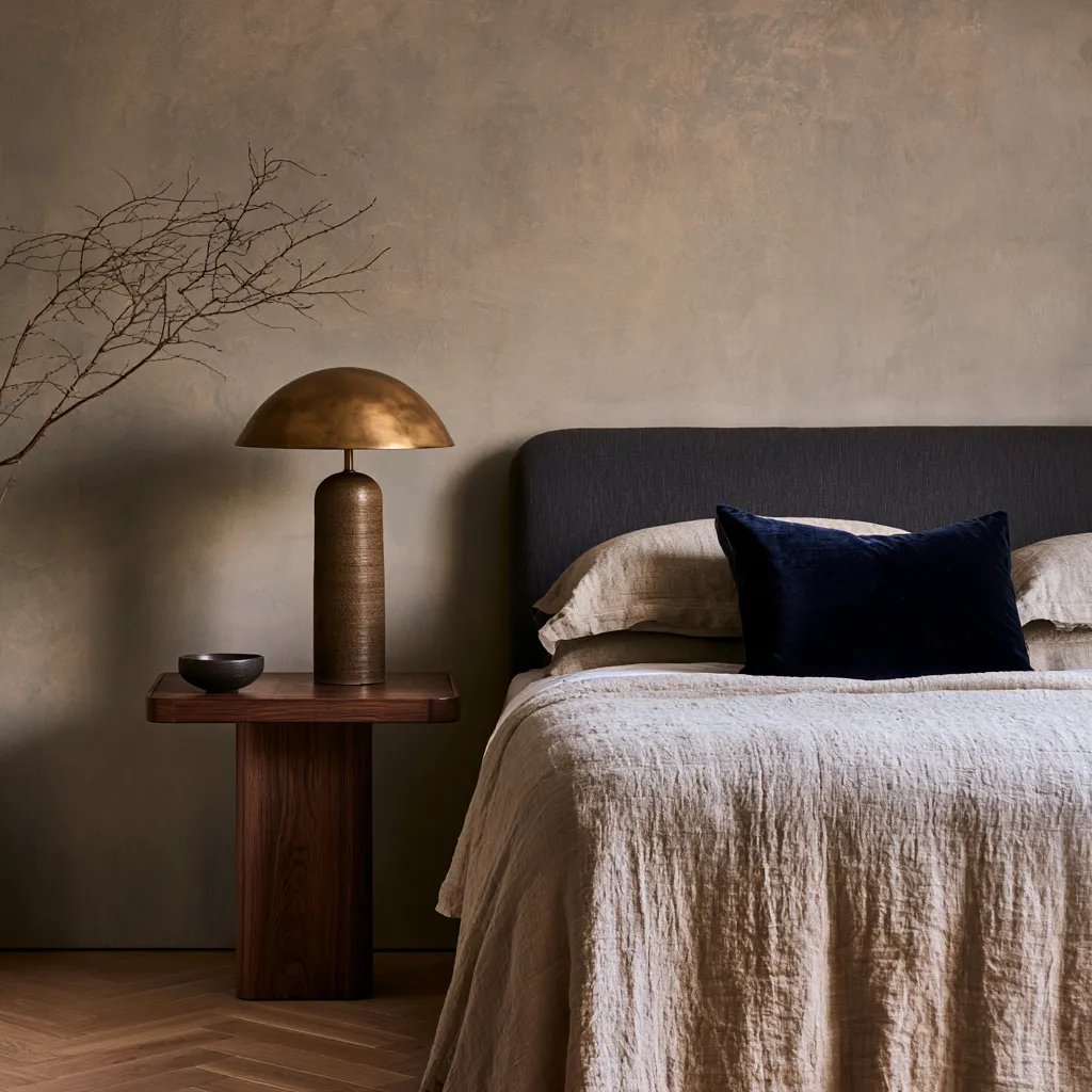 greige wall bedroom colour scheme navy cushion walnut bedside warm brass lamp