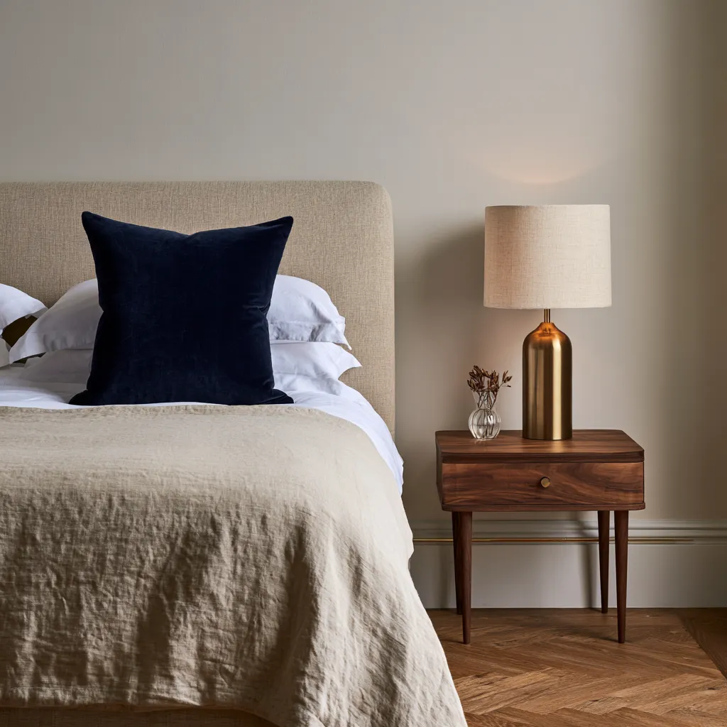 greige bedroom colour ideas warm walls navy accent linen bedding walnut oak