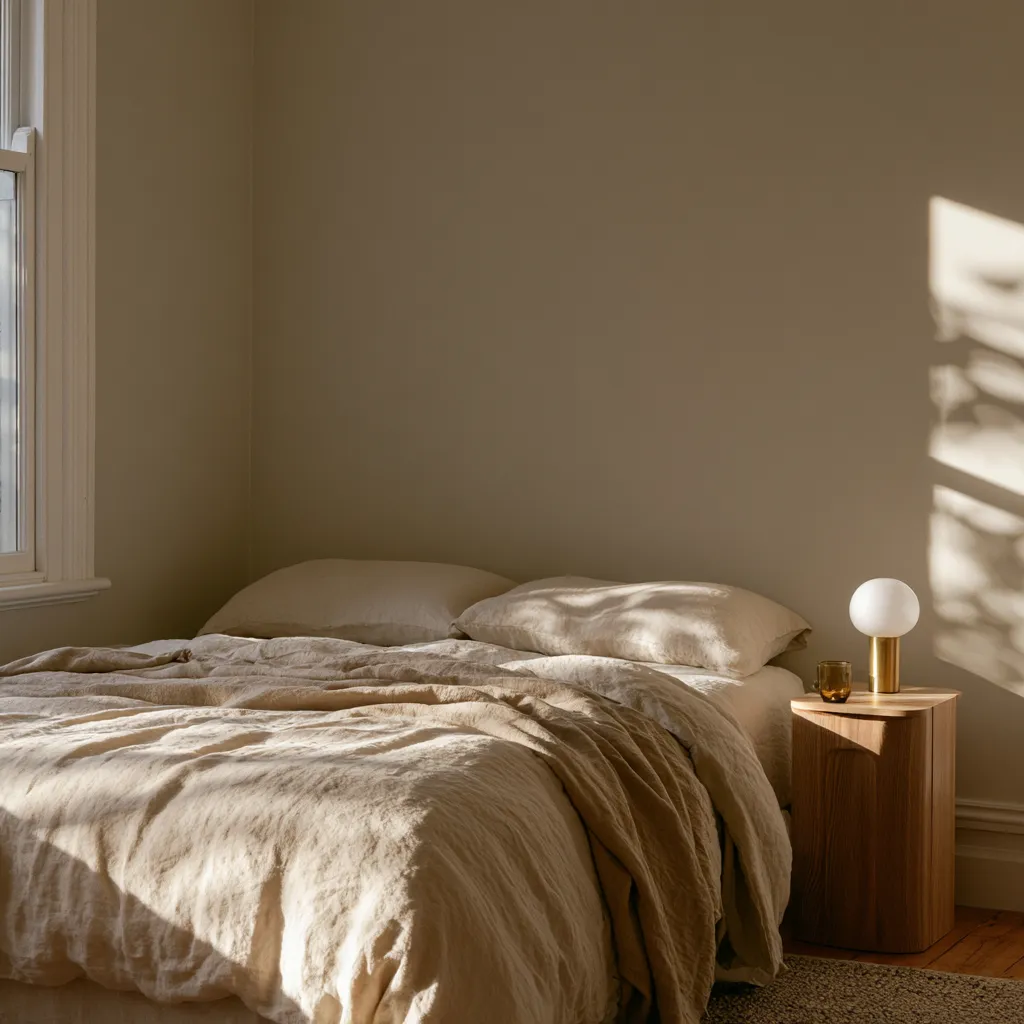 greige walls bedroom ideas cream bedding oak brass lamp warm neutral