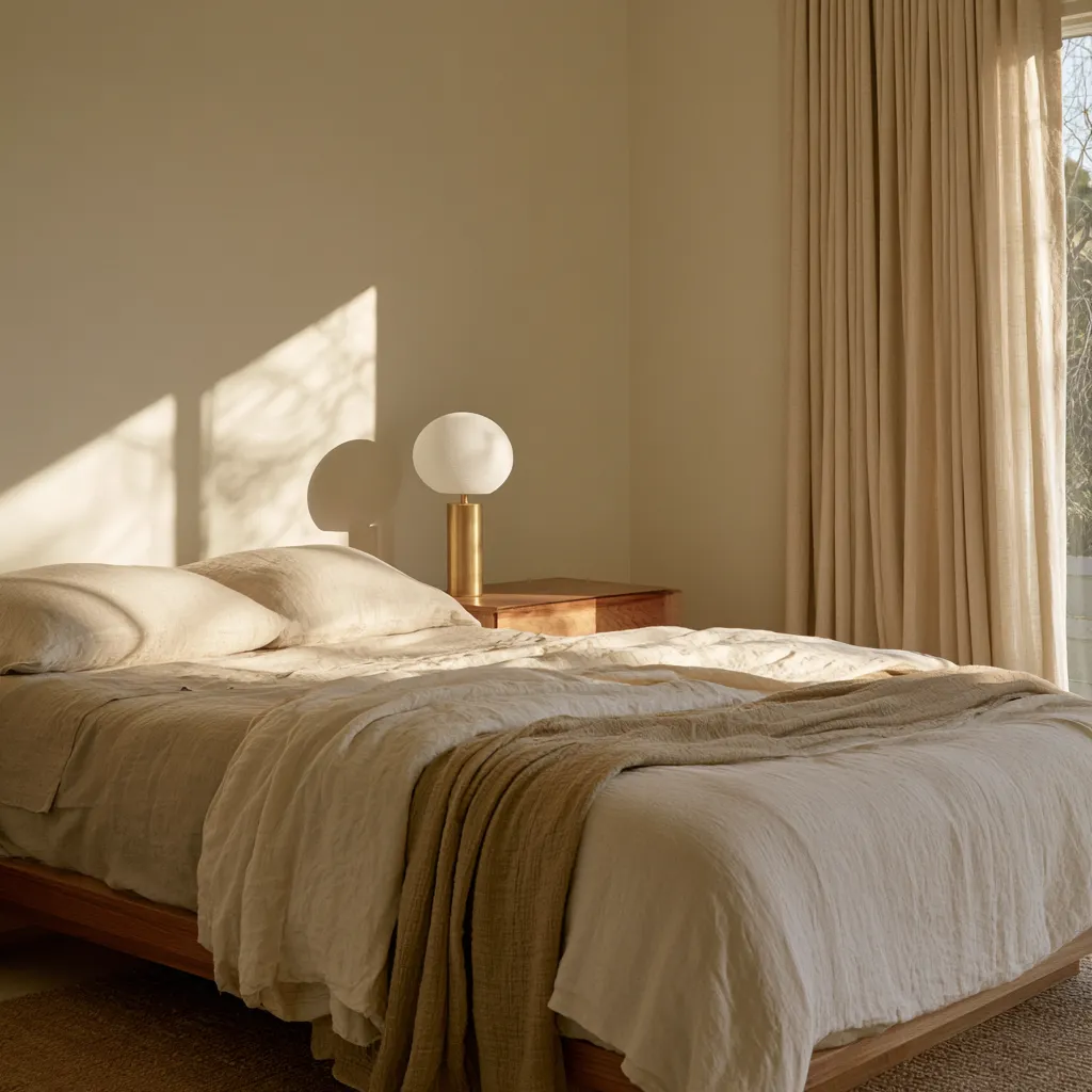 greige bedroom walls cream linen bedding oak table brass lamp morning light editorial