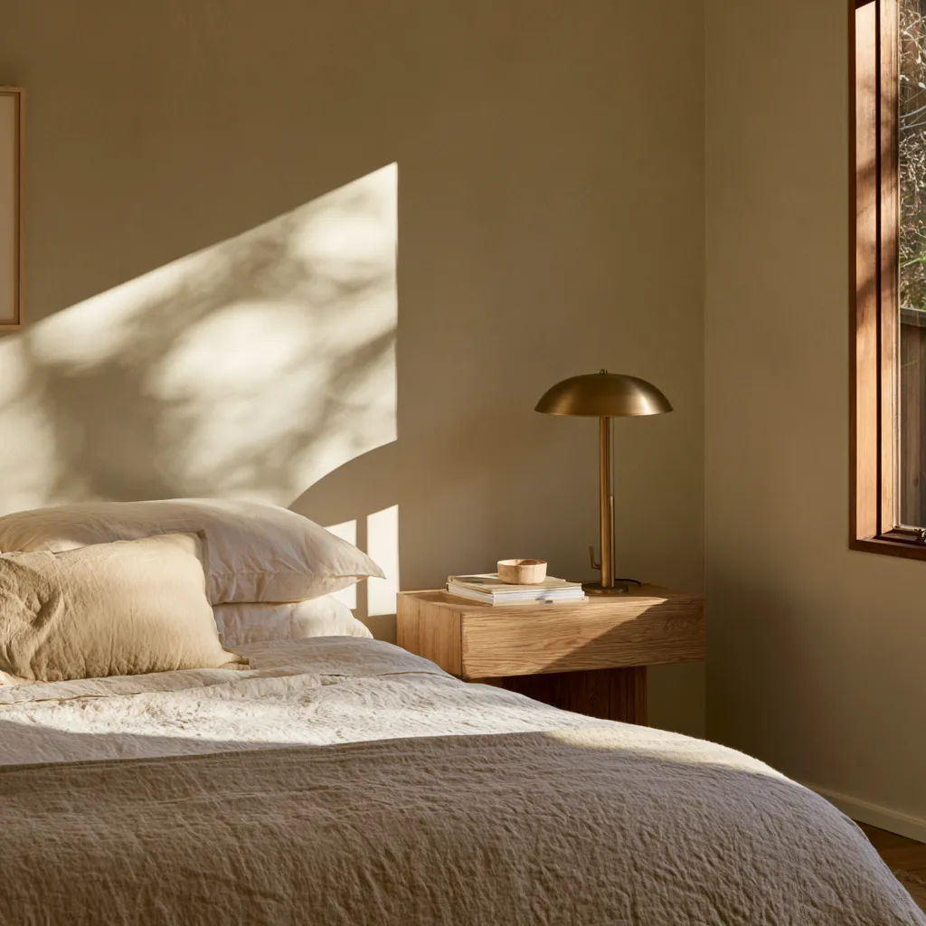 greige bedroom wall colour with cream linen and oak warm morning light