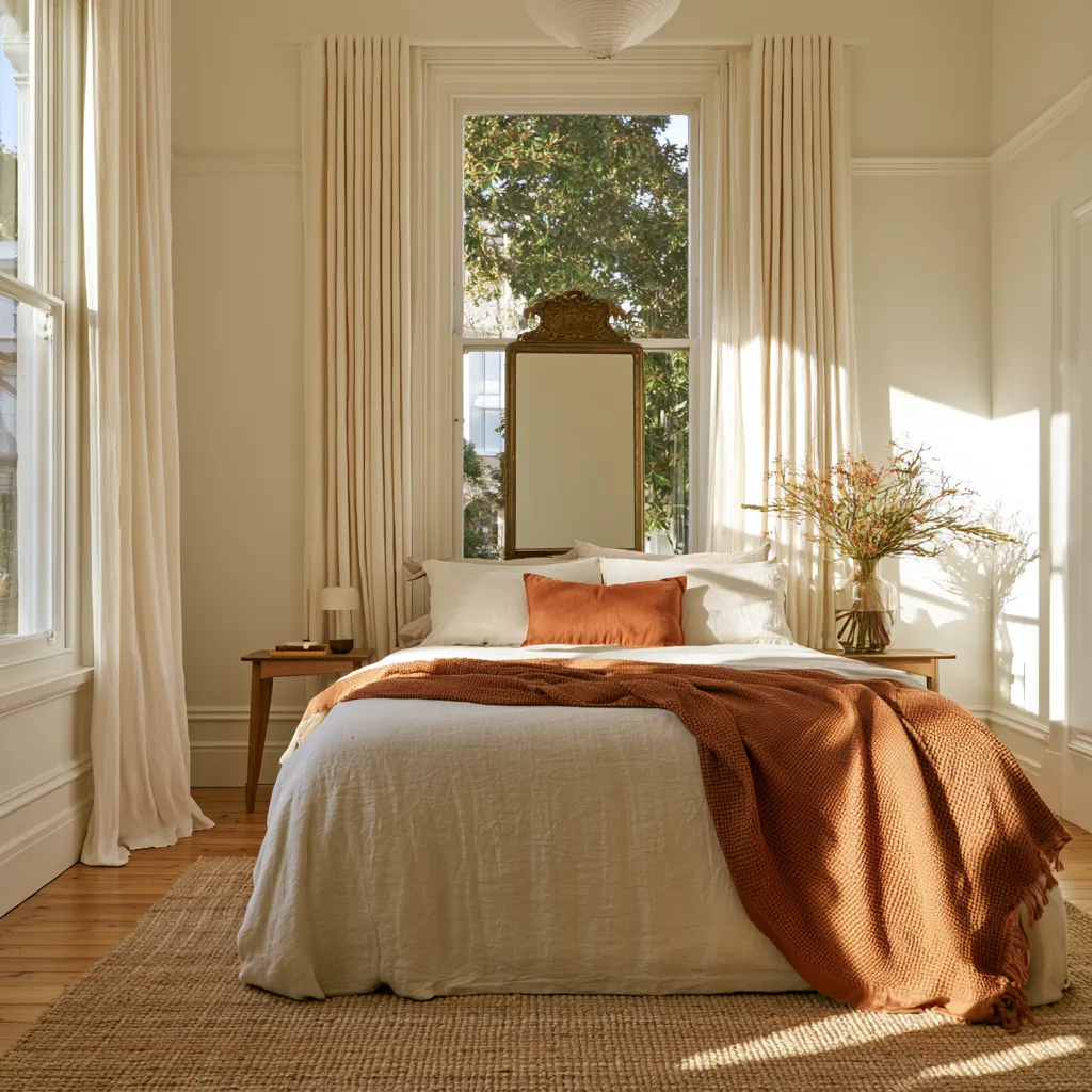 greige bedroom colour ideas terracotta throw cream linen brass mirror oak editorial