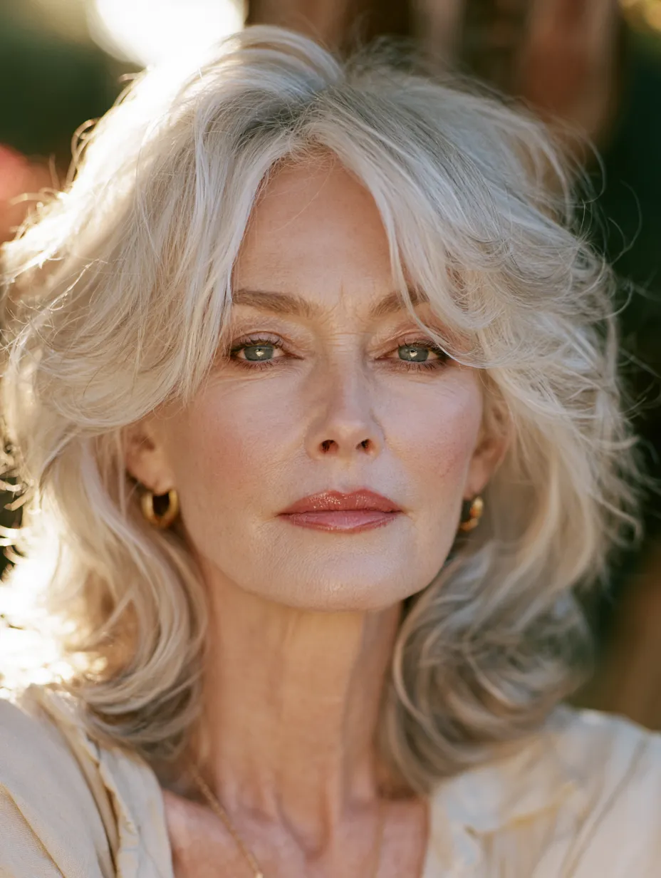 Soft curtain bangs and warm highlights in a face-framing hairstyle for women over 70