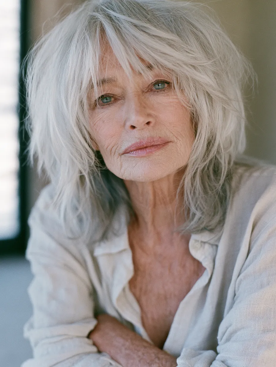 Medium-length shag haircut for women over 70 with silver textured layers and soft curtain bangs