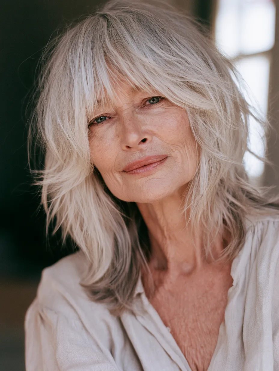 Stylish hairstyles for women over 70 featuring a modern shag with natural window lighting